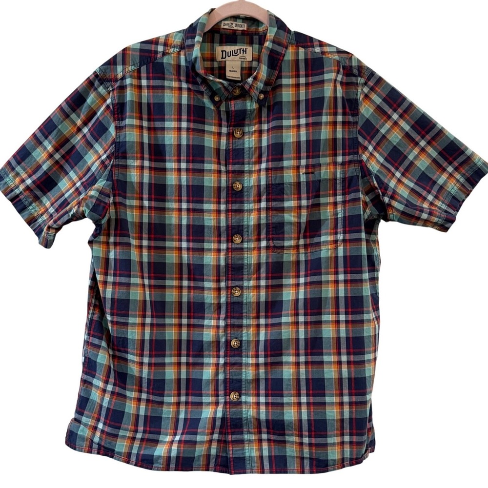 Duluth Trading Co Mens Large Slim Fit Short Sleeve Plaid Button Down